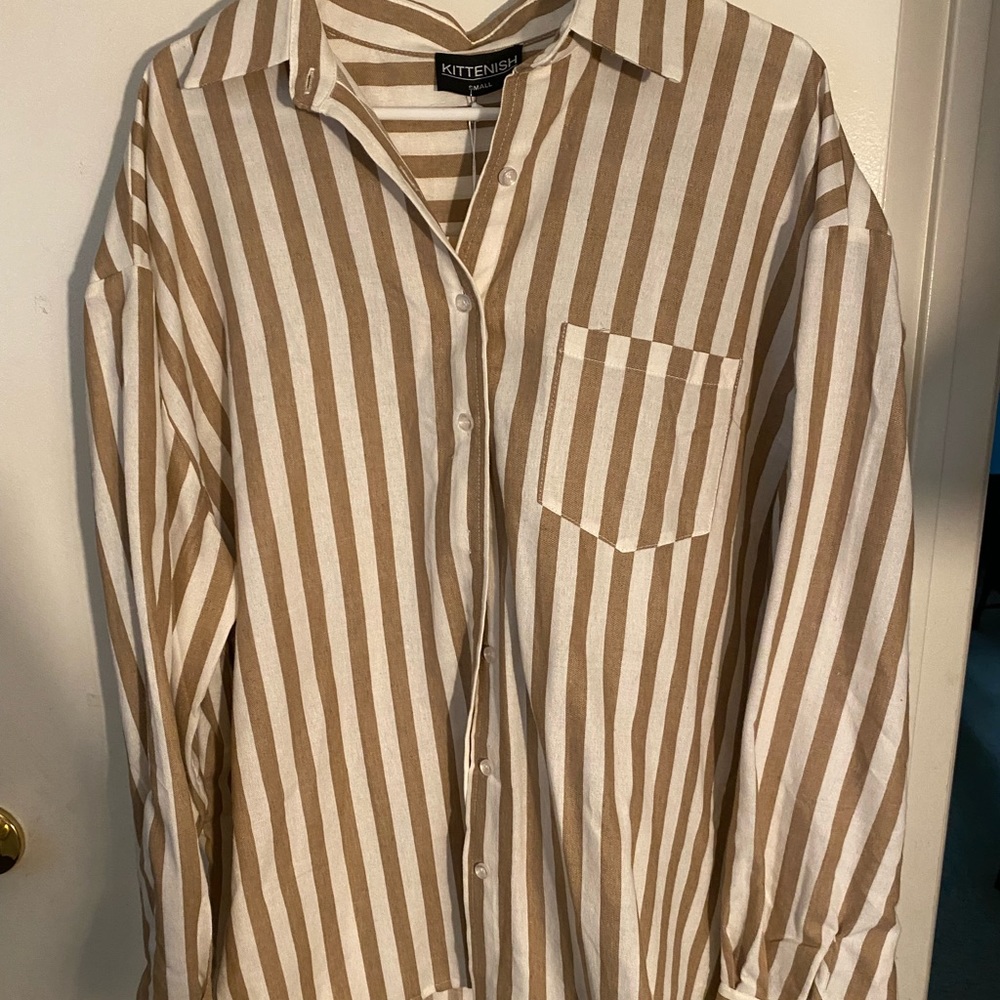 Kittenish oversized striped button down linen shirt
